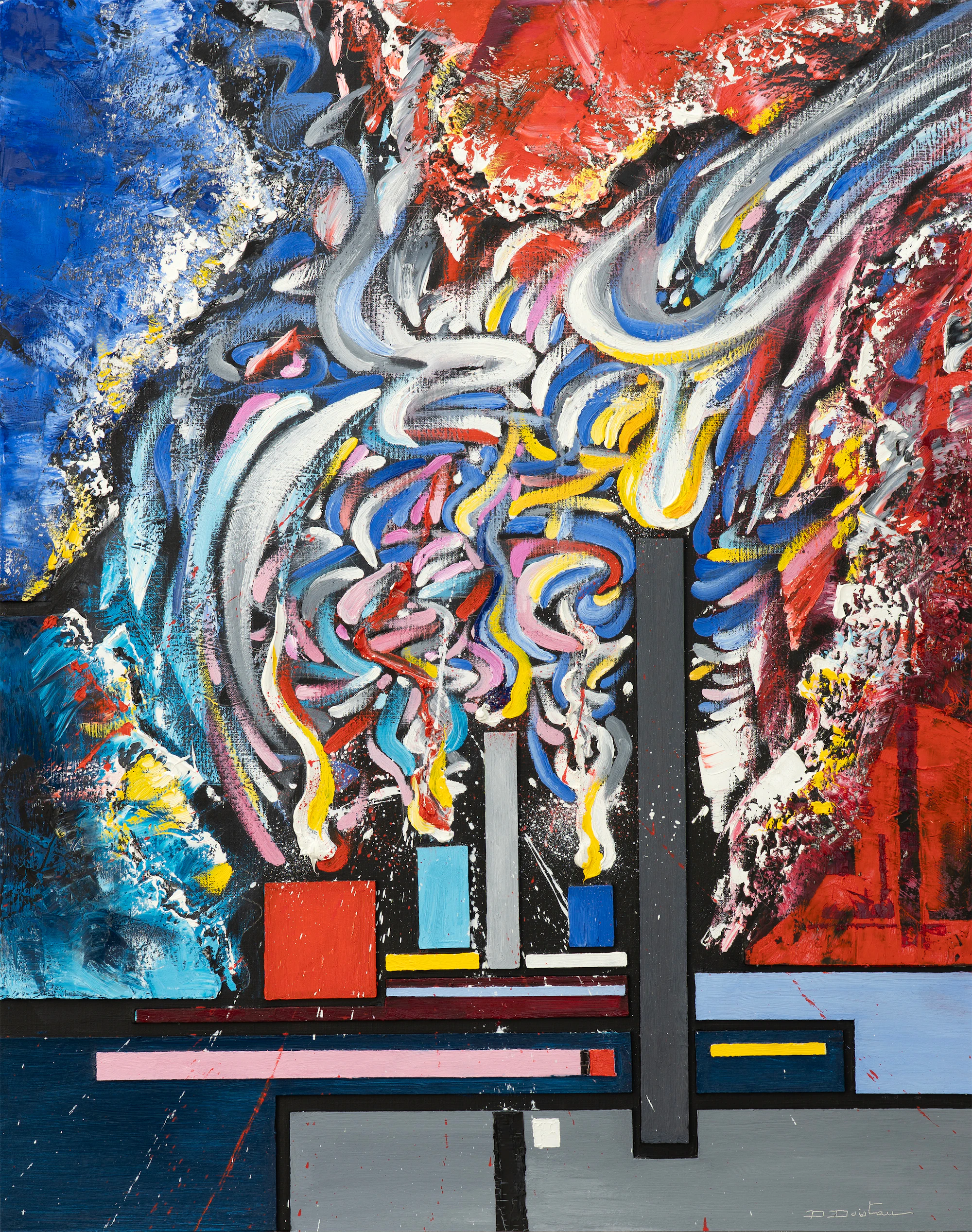 L’étreinte des lueurs ardentes, oeuvre de l'artiste Denis Doistau Huile et collages, 92 x 73 cm